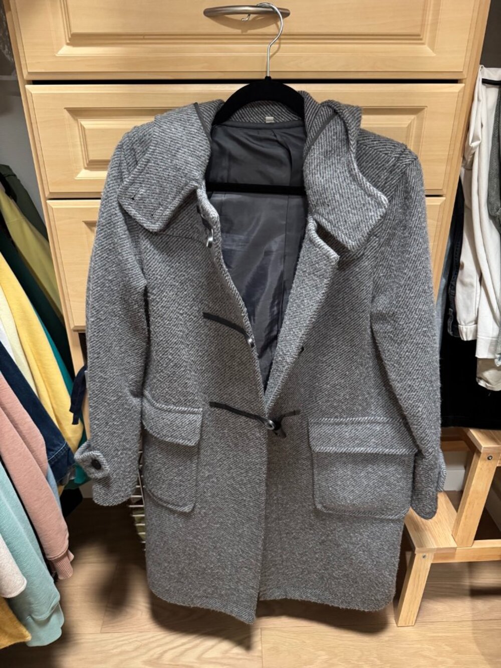 MUJI Grey Herringbone Hooded Toggle Coat — Size S